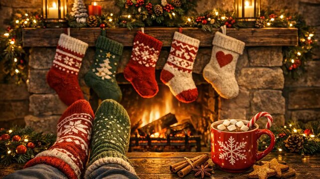 A person's feet resting on a fireplace with lit candles and decorated stockings.
