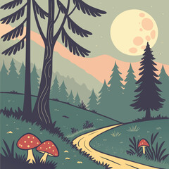 Naklejka premium Enchanted forest landscape at night with pine trees, mushrooms, and a glowing full moon