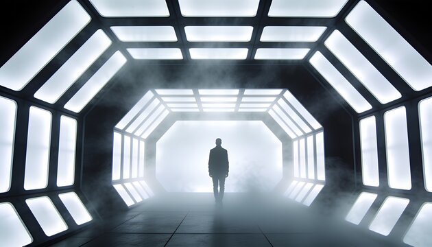 Walking silhouette wearing dark suit toward bright exit in sci-fi corridor, with lit panels and fog