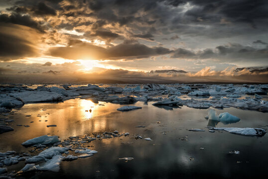 Ice blocks melting on diamond beach, vatnajokull glacier, iceland