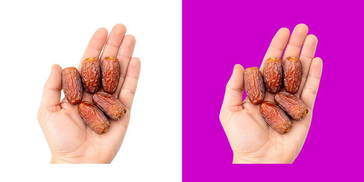 A hand holding several sweet dried brown date fruits on palm png