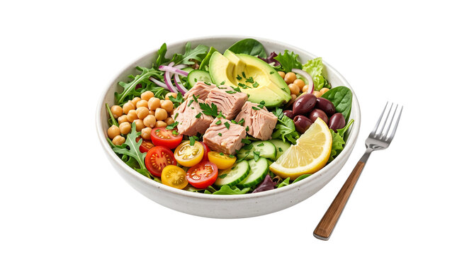 Fresh tuna salad bowl with avocado and chickpeas. Healthy mediterranean tuna poke bowl with vegetables. Nutritious seafood salad on white background.