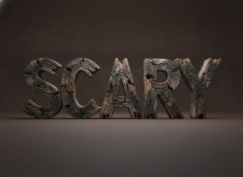 Scary word written in a dark gritty metallic 3d font style on a black background