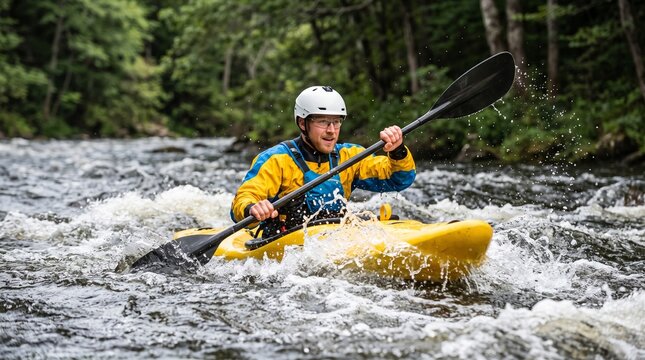Kajak kayaking extreme sport whitewater river rapids helmet paddle with kayaking