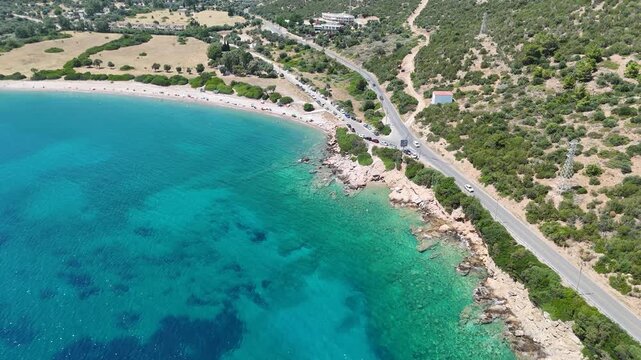 Aerial Drone Flyover Turquoise Bay Sandy Beach Greece Summer