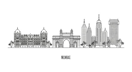 Fototapeta premium Mumbai Skyline Silhouette: Gateway of India, Taj Mahal Palace, Modern Buildings