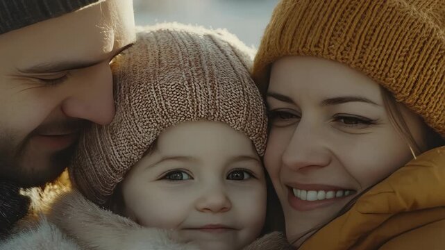 A heartwarming of a family embracing their baby during winter