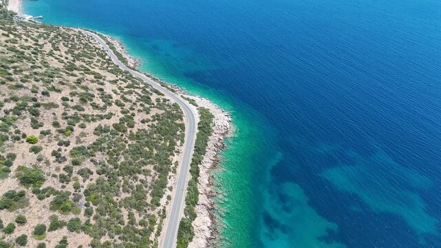 Aerial Flyover Coastal Road Turquoise Sea Bodrum Turkey 4K