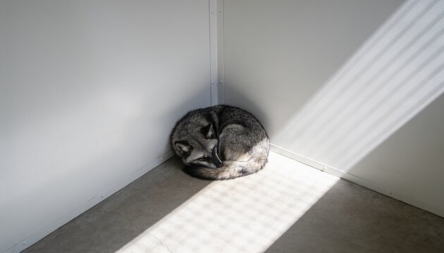 Curled grey canine sleeping in corner of white room, showing wall panels, sunbeam grid, floor crack