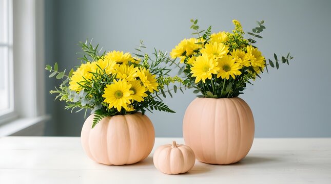 Autumn floral arrangement in peach pumpkin vases for fall home decor