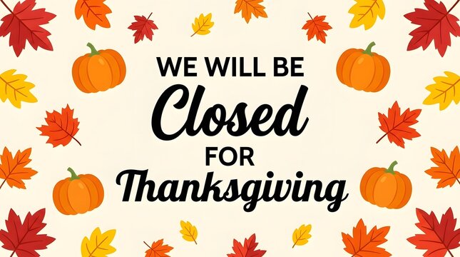 Thanksgiving closure announcement with fall foliage and pumpkins festive business notification