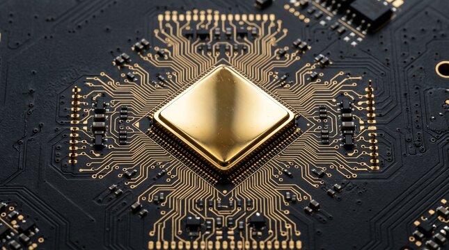 Golden microprocessor chip mounted on a black motherboard printed circuit board