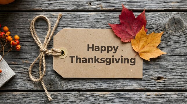 Festive thanksgiving greeting with tag leaves and autumn berries on rustic wood