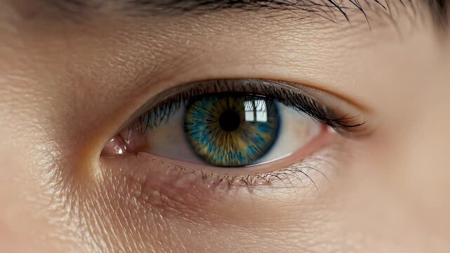 Close-up of a vivid blue-green human eye with detailed iris texture and eyelashes