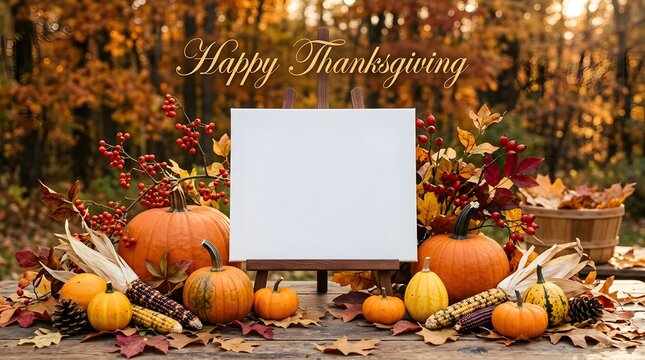 Autumn thanksgiving still life with blank canvas for festive art or design mockup