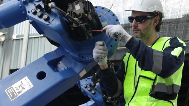 Male robotics engineer knowledge skills inspect electrical systems power supplies and sensors welding robots various points ensure quality welding robot before performing full electrical system test.