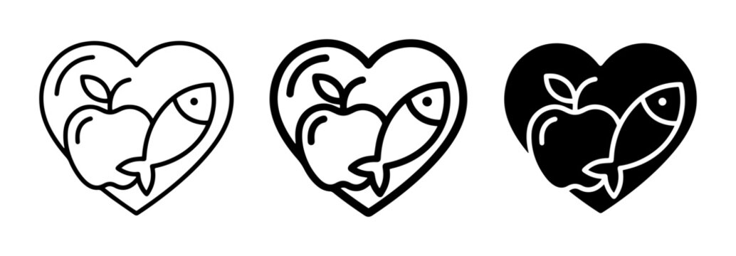 Heart Health Icons: Apple and Fish Symbols, Healthy Eating, Nutrition, Diet, Lifestyle