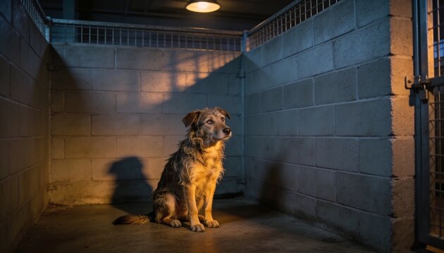 Sitting scruffy brown-gray dog occupying center in cinder block kennel, lamp casting dog shadow