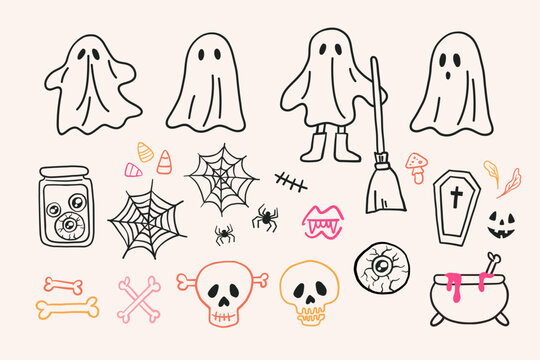 Cute Ghost Halloween Icon Set Spiderweb Skull Hand Drawn Clipart