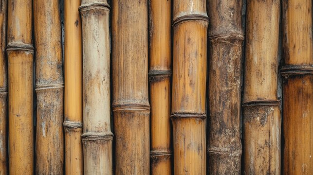 Close up of a rustic wall made of natural bamboo poles