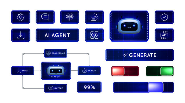 AI agent mascot workflow infographic UI kit with isolated HUD elements, data processing diagrams and chatbot avatar buttons for AI literacy training
