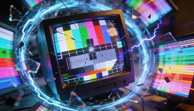 Sparking retro CRT showing color test pattern at tech desk, with shards and glowing blue portal