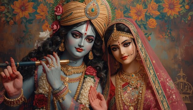 Lord Krishna and Goddess Radha in Traditional Indian Attire with Flute and Ornate Jewelry