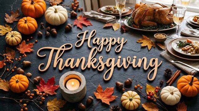 Festive thanksgiving table setting with roasted turkey and autumnal decorations