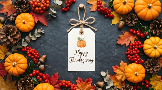 Festive thanksgiving arrangement with pumpkins berries and a 'happy thanksgiving' tag