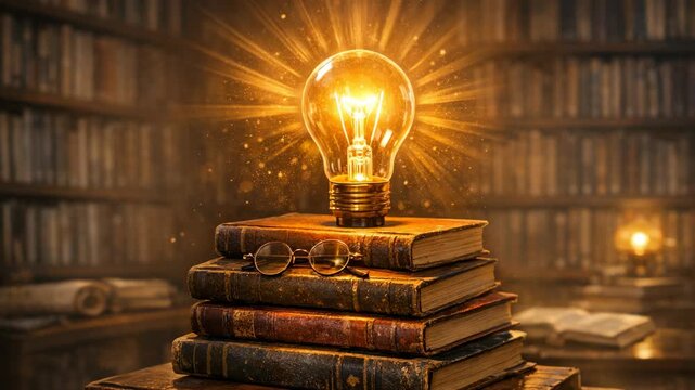 Vintage books stacked with glowing lightbulb on top, symbolizing enlightenment or a creative spark.