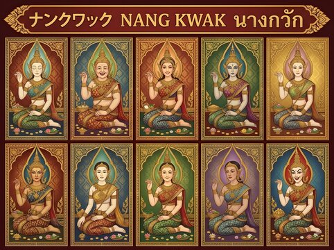 Golden Thai Nang Kwak Goddess Apsara Beckoning Pose Amulet Illustration Set 10 Expression Types