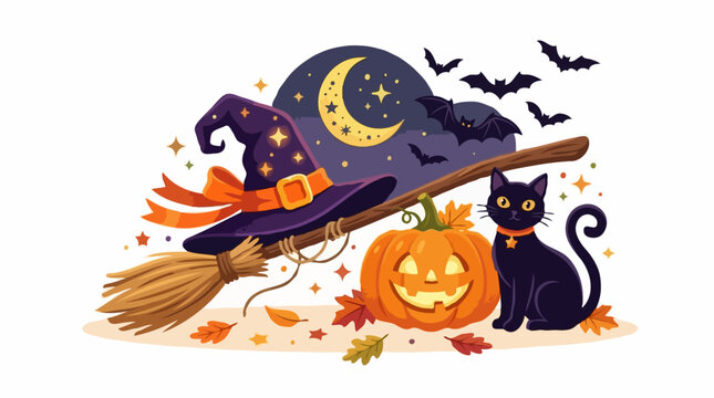 A Halloween illustration featuring a witch's hat, broomstick, jack-o'-lantern, and a black cat under a crescent moon and night sky filled with bats