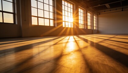 Fototapeta premium Casting tall grid window light and shadow patterns across polished wood floor in loft showing glare