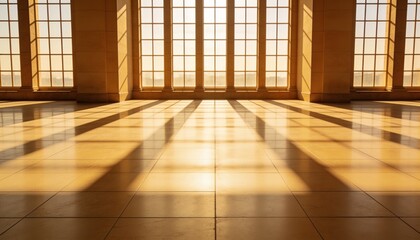 Fototapeta premium Showcasing shiny tiled floor at gallery reflecting windows and broad columns, casting long shadows