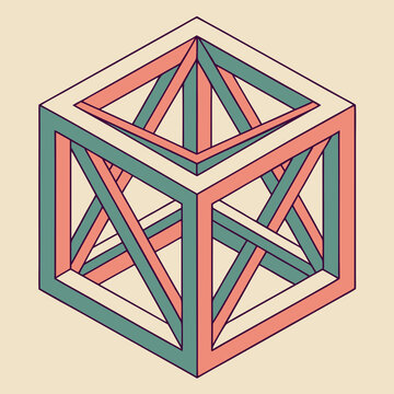 Isometric impossible architectural cube structure optical illusion line art design with geometry