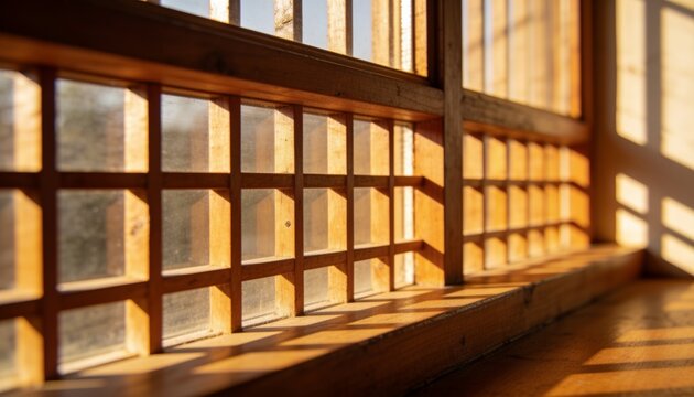 Framing wooden latticed window and sunlit sill in room interior, showing dust, wooden floor shadows