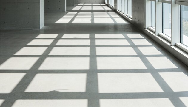 Streaming sunlight creating rectangular shadow grid across concrete floor in gallery, with windows