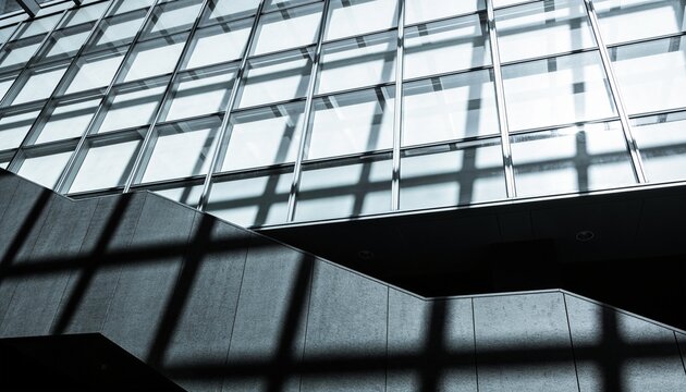 Showing diagonal textured concrete wall casting grid shadows in modern atrium, skylight mullions