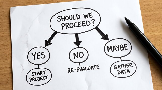 Should we proceed decision tree flowchart on paper on wooden desk