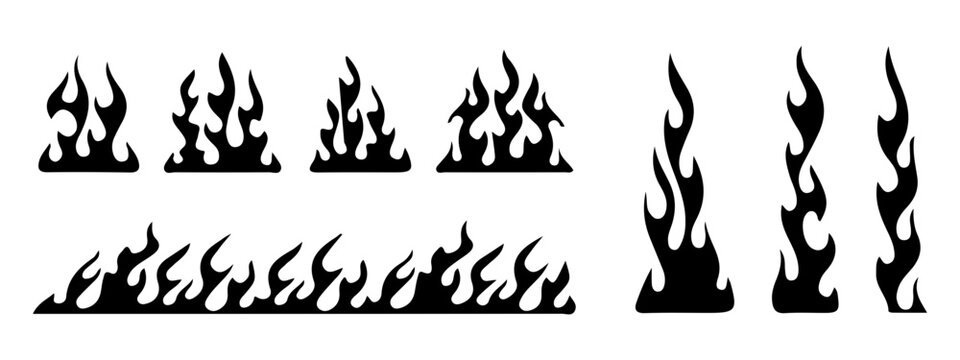 Classic silhouette flame, old school style. Black fire set isolated on white background.