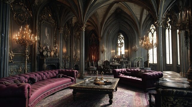 Ornate gothic living room featuring plush velvet purple sofas and elaborate golden chandeliers inside a majestic historic dark castle mansion