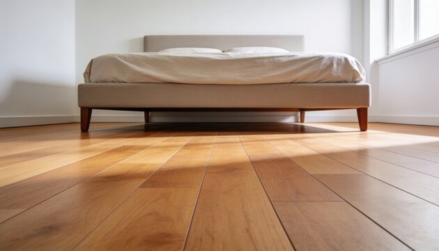 Framing beige upholstered bed occupying center in minimal bedroom, sunlight patch from right window