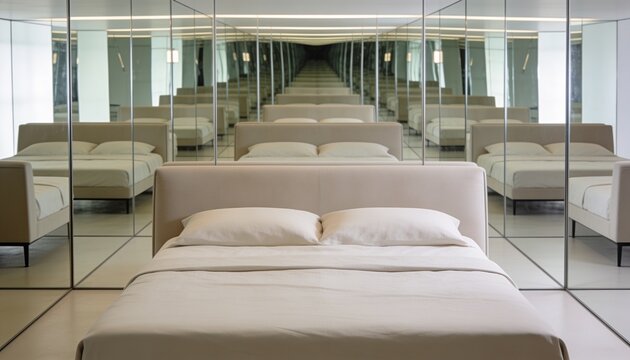 Showcasing beige upholstered double bed sitting centered in minimal bedroom, reflecting in mirrors