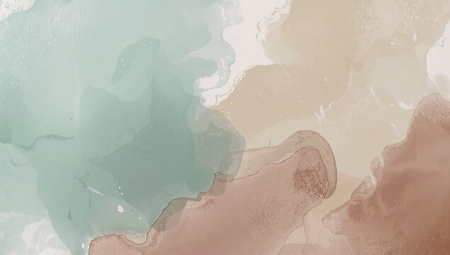 Showing large teal-green ink wash blending into mint and beige on textured paper, with sheer layers