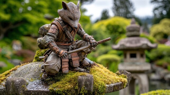 Agile Fox Samurai Warrior in Worn Leather Armor Holding Katana in Japanese Garden