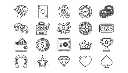 Fototapeta premium Casino and Gambling Line Art Icon Set with Poker Cards, Joker, Chips, Slot Machine, Roulette, and Jackpot Symbols