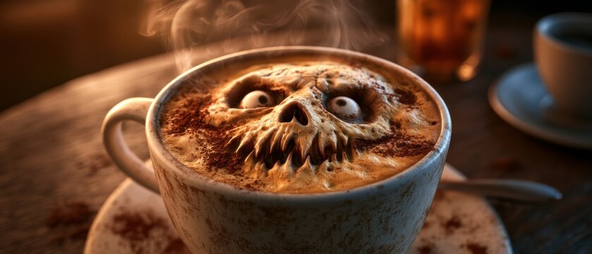 Creepy Skull Cappuccino with Steaming Halloween Foam Art