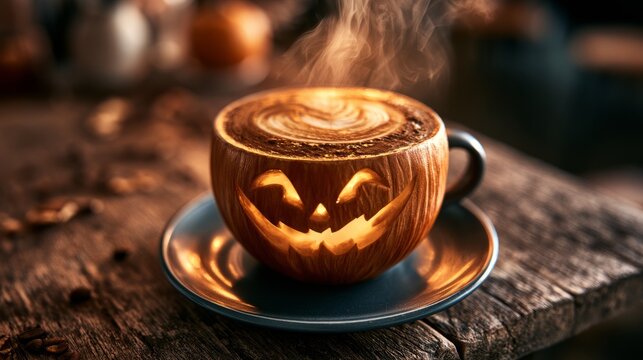 Glowing Pumpkin Cappuccino with Spooky Halloween Latte Art
