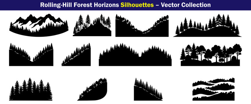 Rolling Hill Forest Horizon Silhouette Collection with Mountain Ridges, Pine Treelines, Evergreen Woodland and Valley Landscapes for Architectural Designs Vector Illustration