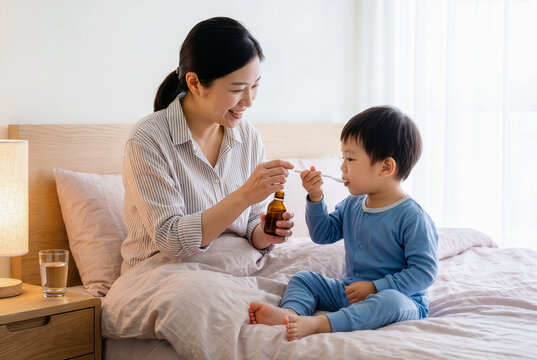 Asian mother taking care of her sick child hoding spoon to take liquid syrup medicine by himself on bed at home
